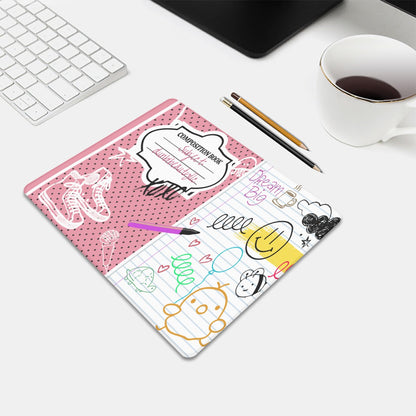 Mouse Pad Small Size Back to School, Composition Notebook Style, Doodles, Scribbles, Writing, Girl, Pink (Designed by Dunbi)