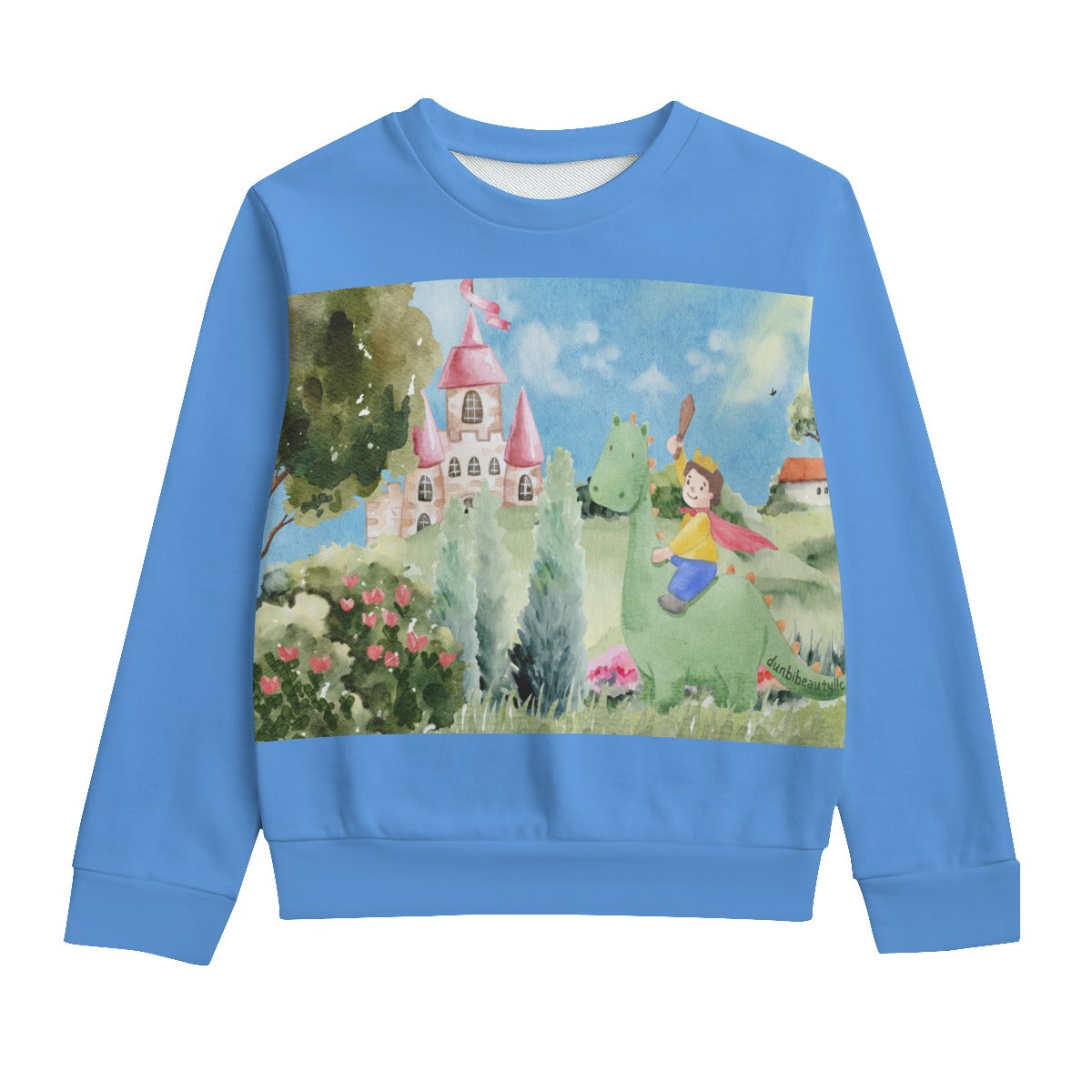 All-Over Print Kid's Round Neck Sweatshirt | 310GSM Cotton Boy, Watercolor, Castle, Dragon, Garden, Prince, Crown, Cape, Wooden Sword, Clouds, Blue (Designed by Dunbi)