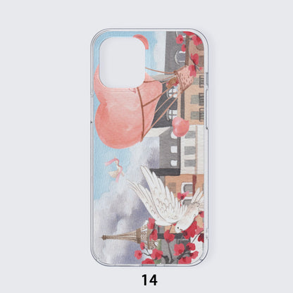 iPhone14 Series Mobile Phone Case | TPU Love Up in a Hot Air Balloon, Paris, Eiffel Tower, Dove, Flowers, Girl, Sky, Hearts (Designed by Dunbi)