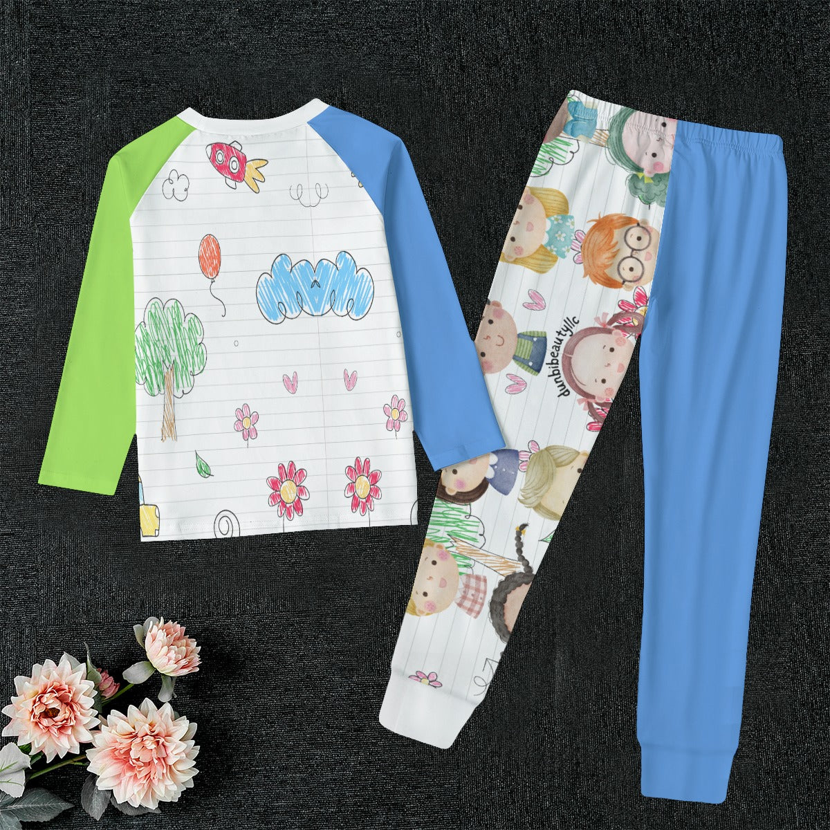 All-Over Print Kid's Sleep Pajamas Kids, Notebook, Rocket, Sun, Smiley, School Bus, Tree, Flowers, Hearts, Clouds, Nature, Children, Boys, Girls, Friendship (Designed by Dunbi)