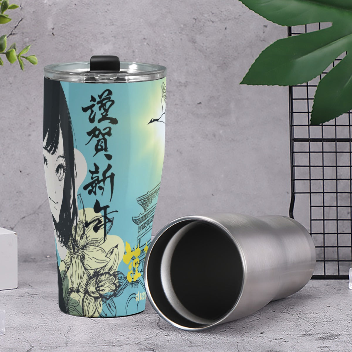 Cone Tumbler 30oz Japan, Japanese, Yellow, Blue, Day, Early Morning, Sunny Day, Crane, Architecture, Pretty Girl, Tiger, Kanji (Designed by Dunbi)