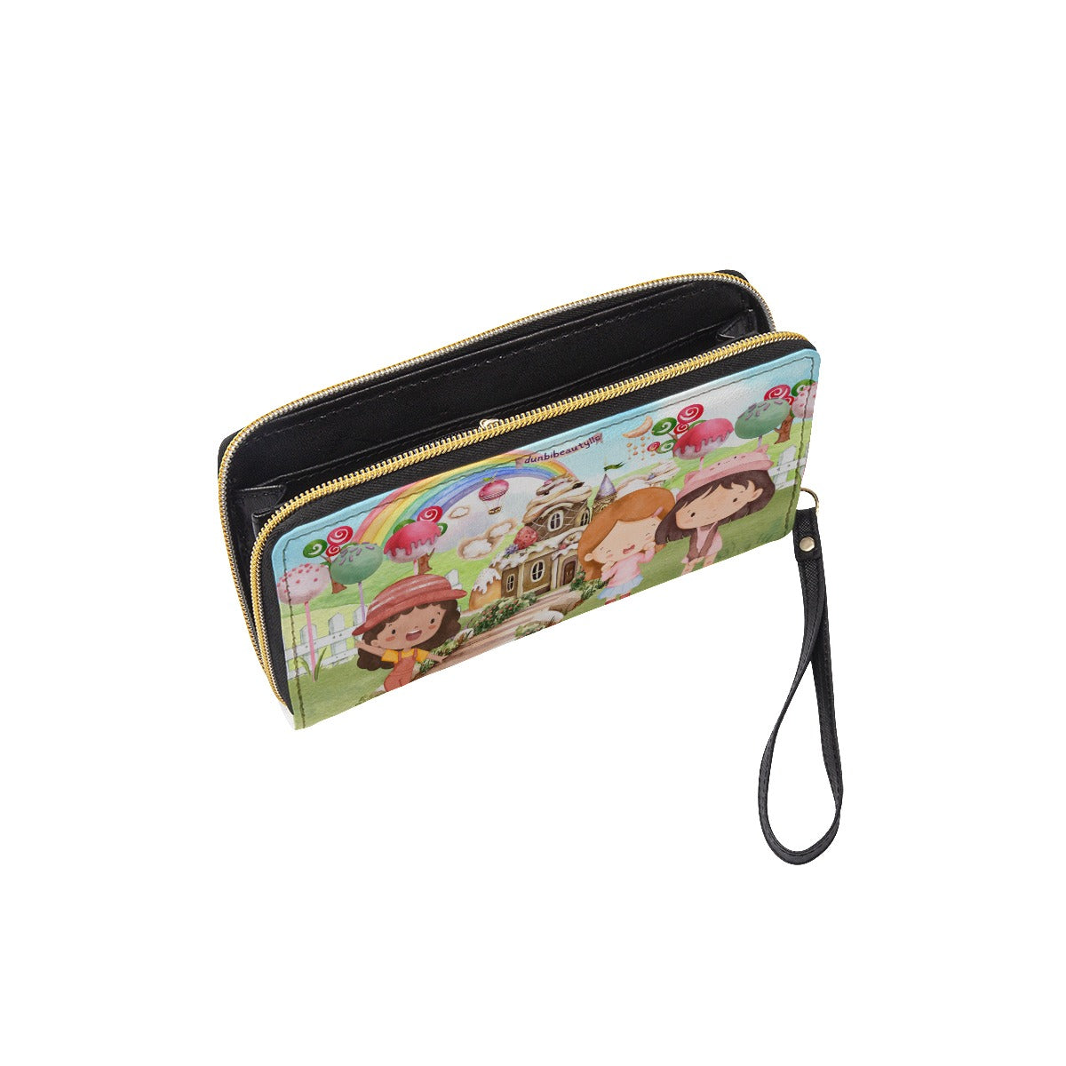 Long Wallet With Black Hand Strap Watercolor, Candy, Pastel, Lollypops, Chocolate, Treats, Dessert, Girls, Friends, Rainbow, Candy Shop, Hot Air Balloon, Cake Pops, Chocolate Clouds (Designed by Dunbi)