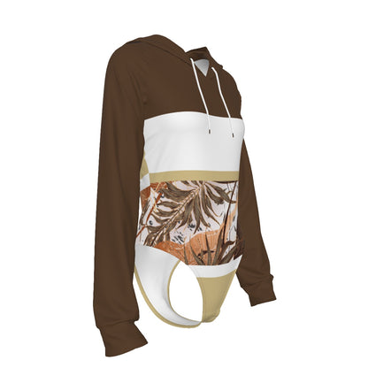 All-Over Print Women's Raglan Sleeve Hooded Bodysuit Dark Brown (Chest, Upper Back, Hood and Sleeves), Beige, White, Copper Gradient Leaves, Tropical, Rustic (Designed by Dunbi)