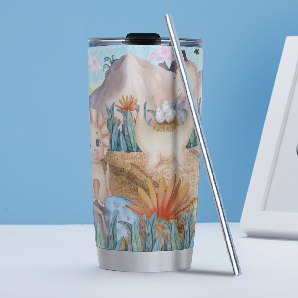 Tumbler 20oz (with Straw) Watercolor Dinosaurs, Volcano, Grass, Dino Eggs, Cute, Triceratops. Parasaurolophus, Pterodactyl, Diplodocus, Prehistoric (Designed by Dunbi)