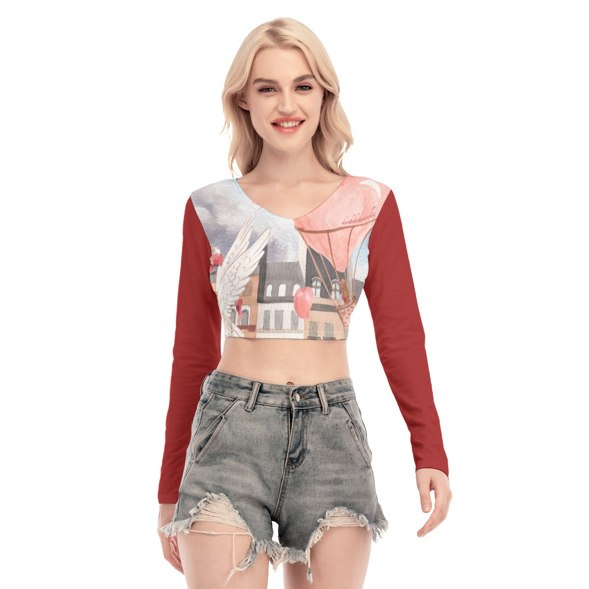 All-Over Print Women's Back Hollow T-shirt With Strap Love Up in a Hot Air Balloon, Paris, Eiffel Tower, Dove, Flowers, Girl, Sky, Hearts (Designed by Dunbi)