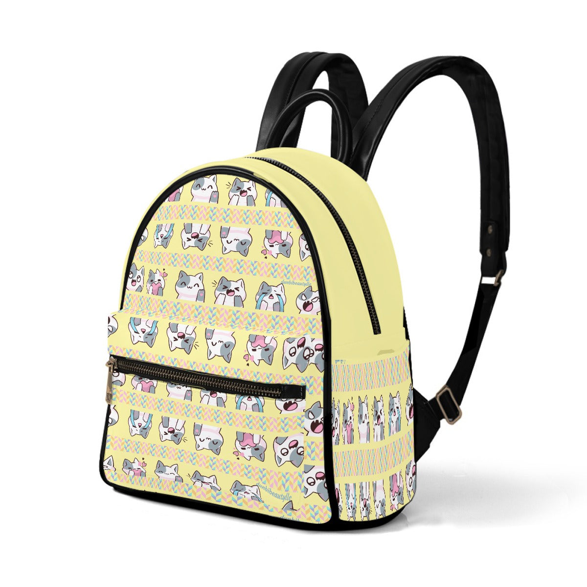 Small Size Backpack Kawaii Cat, Anime Style, Cartoon, Emotions, Happy, Sad, Angry, Laughing, Yellow Background (Designed by Dunbi)