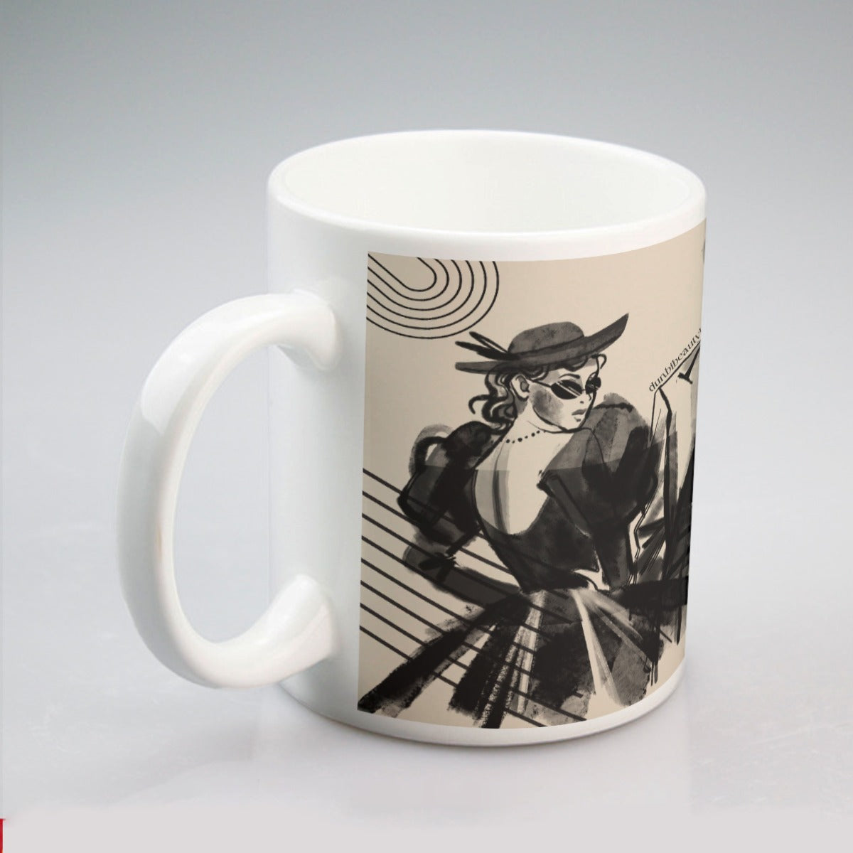 All-over print mug Vintage-Modern, Fashion Forward Men & Women, Charcoal Art Style, Geometric, Chic, Stylish, Avant Garde, Runway (Designed by Dunbi)