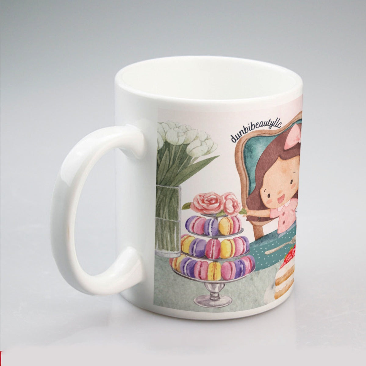 All-over print mug Girl, Tea Party, Happy, Cute, Cake, Macarons, Cupcake, Tea, Snacks, Party, Bow, Parfait, Dessert (Designed by Dunbi)