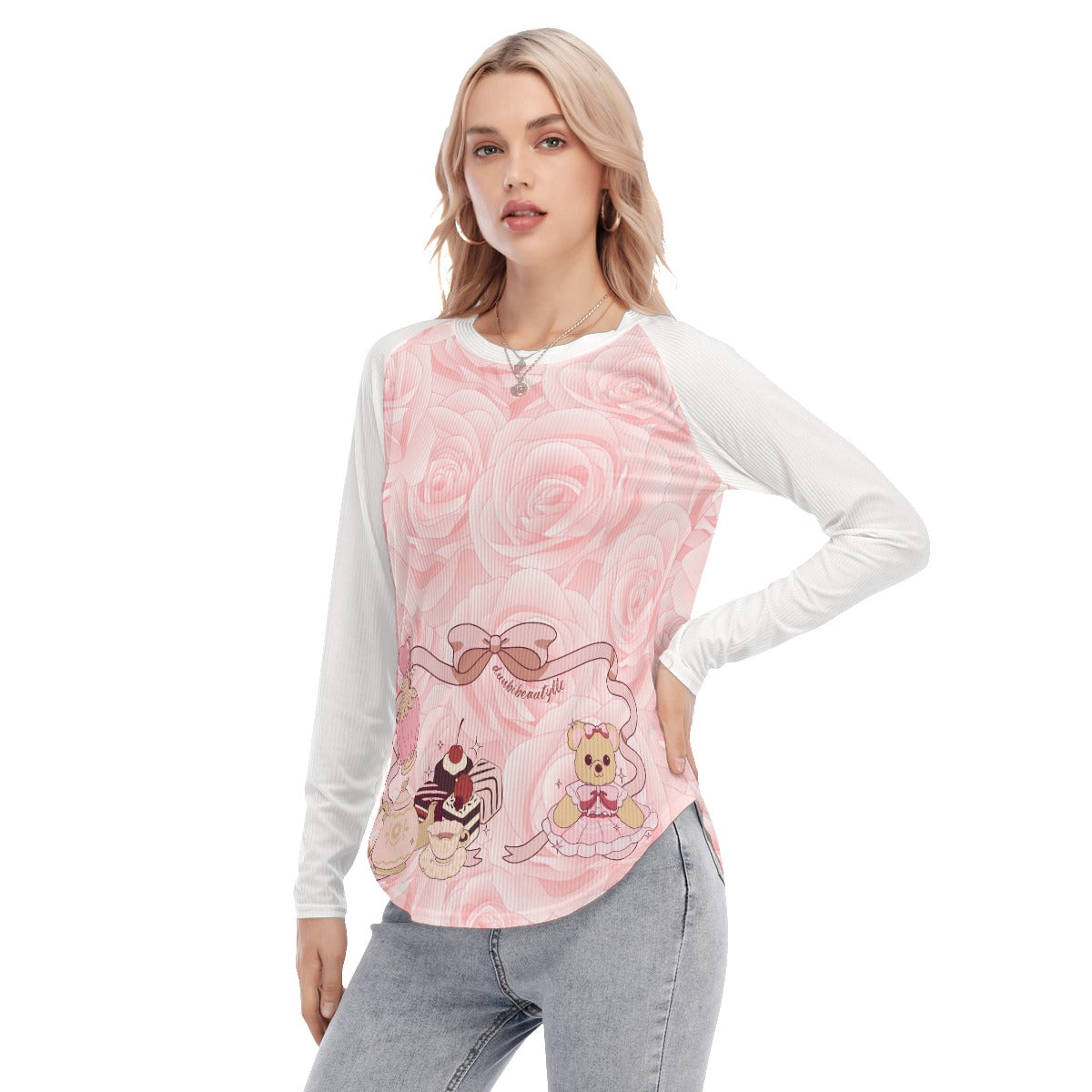 All-Over Print Women's Raglan Sleeves U-Shaped Hem Long Sleeves Blouse Cute Teddy Bear, Tea Party, Ribbon, Bows, Cakes, Cute, Victorian, Doll, Cute Girl, Pink Style 2, Rose (Designed by Dunbi)