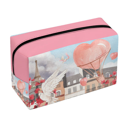 PU Cosmetic Bag Love Up in a Hot Air Balloon, Paris, Eiffel Tower, Dove, Flowers, Girl, Sky, Hearts, Baby Pink w/Side Images (Designed by Dunbi)