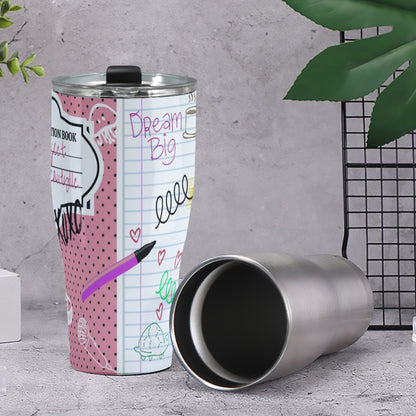 Cone Tumbler 30oz Back to School, Composition Notebook Style, Doodles, Scribbles, Writing, Girl, Pink (Designed by Dunbi)