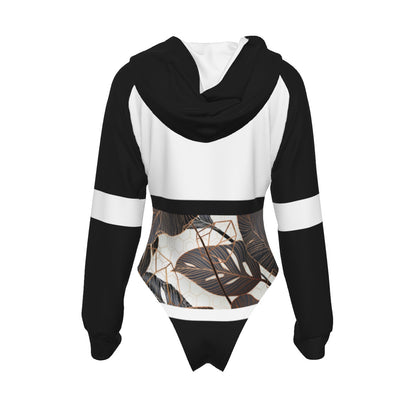 All-Over Print Women's Raglan Sleeve Hooded Bodysuit  Black, White, Gold, Black Gradient Leaves, Stripes, 90s Inspired (Designed by Dunbi)