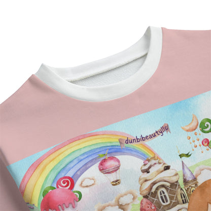 All-Over Print Kid's Round Neck Sweatshirt | 310GSM Cotton Watercolor, Candy, Pastel, Lollypops, Chocolate, Treats, Dessert, Girls, Friends, Rainbow, Candy Shop, Hot Air Balloon, Cake Pops, Chocolate Clouds (Designed by Dunbi)