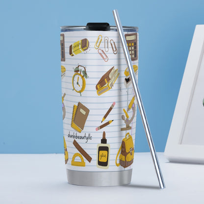 Tumbler 20oz (with Straw) Back to School, Teacher, Student, Notebooks, School Supplies, Backpack, Brown, Gold, Gray, Notebook Paper (Designed by Dunbi)