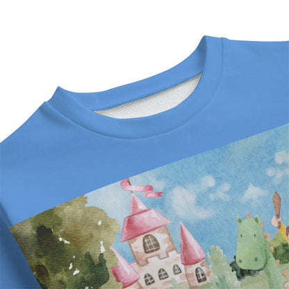 All-Over Print Kid's Round Neck Sweatshirt | 310GSM Cotton Boy, Watercolor, Castle, Dragon, Garden, Prince, Crown, Cape, Wooden Sword, Clouds, Blue (Designed by Dunbi)