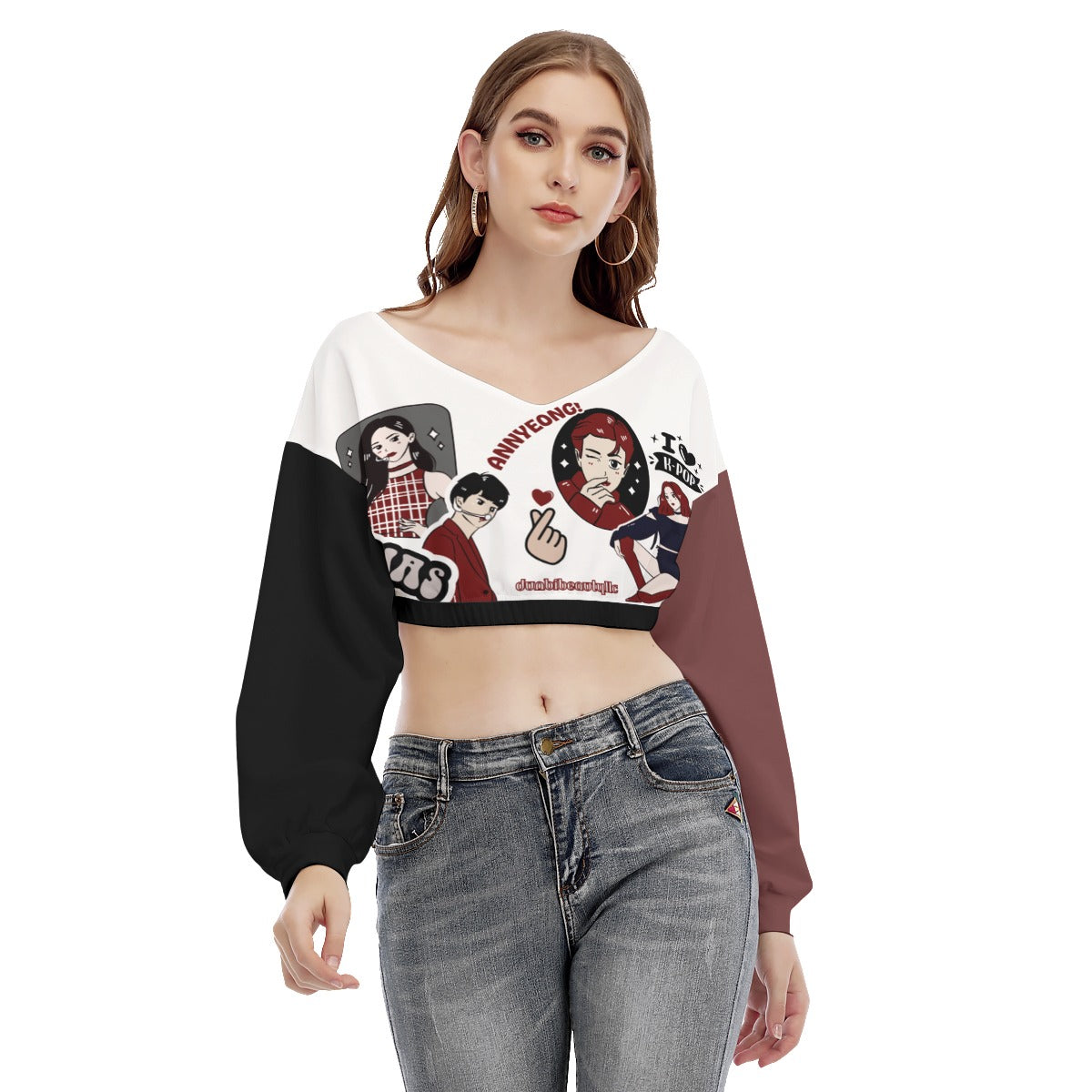 All-Over Print Women's V-neck Long Sleeve Cropped Sweatshirt Kpop Inspired, Itzy, BTS, BLACKPINK, Annyeong, Bias, I Love Kpop, Marble, Black and Red, Idol Ryujin, Jin (Designed by Dunbi)