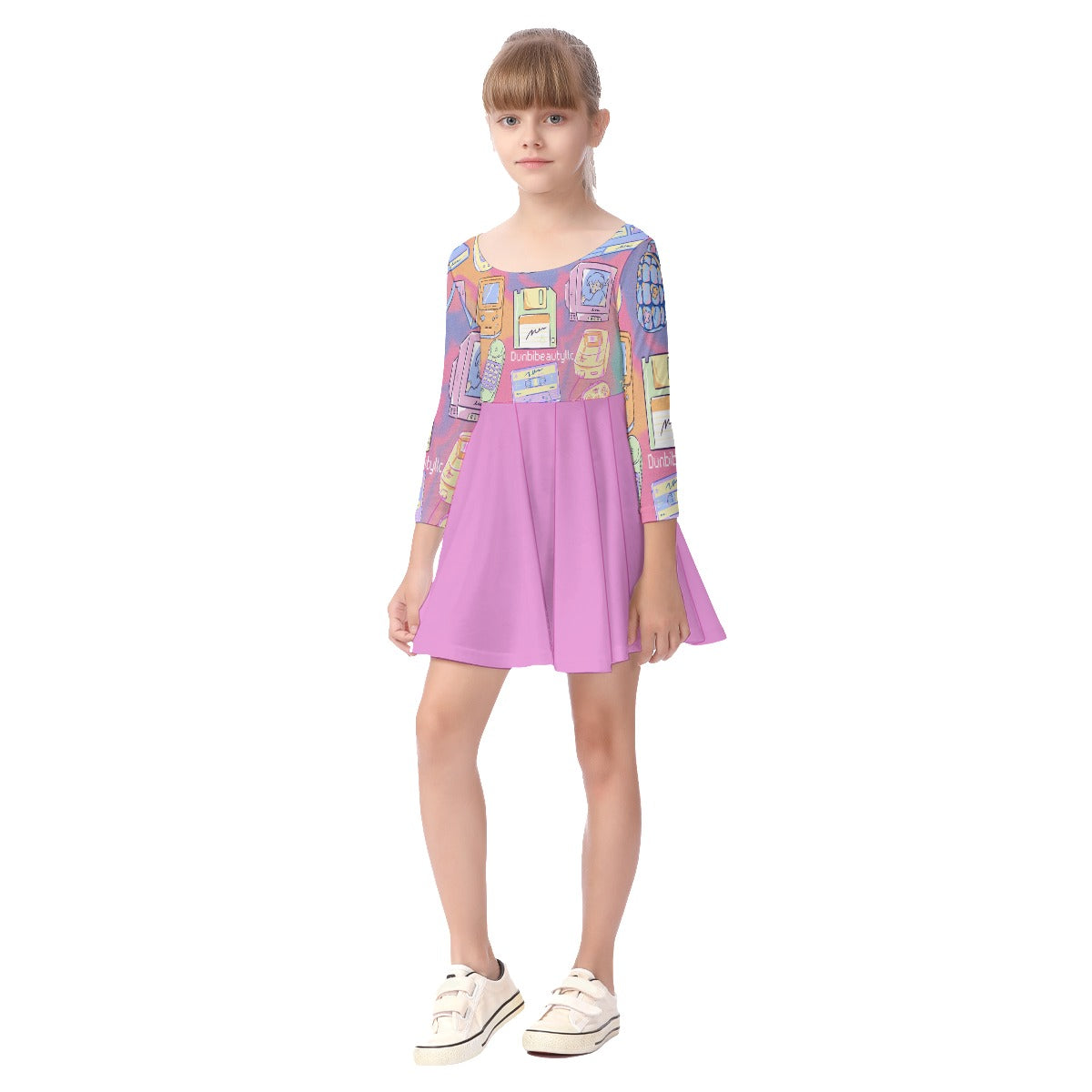 All-Over Print Kid's Long Sleeve Dress Kawaii, Retro, Anime, 90's Themed, Sherbet Colors, Pastel (Designed by Dunbi)