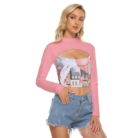 All-Over Print Women's Hollow Chest Keyhole Tight Crop Top Love Up in a Hot Air Balloon, Paris, Eiffel Tower, Dove, Flowers, Girl, Sky, Hearts (Designed by Dunbi)