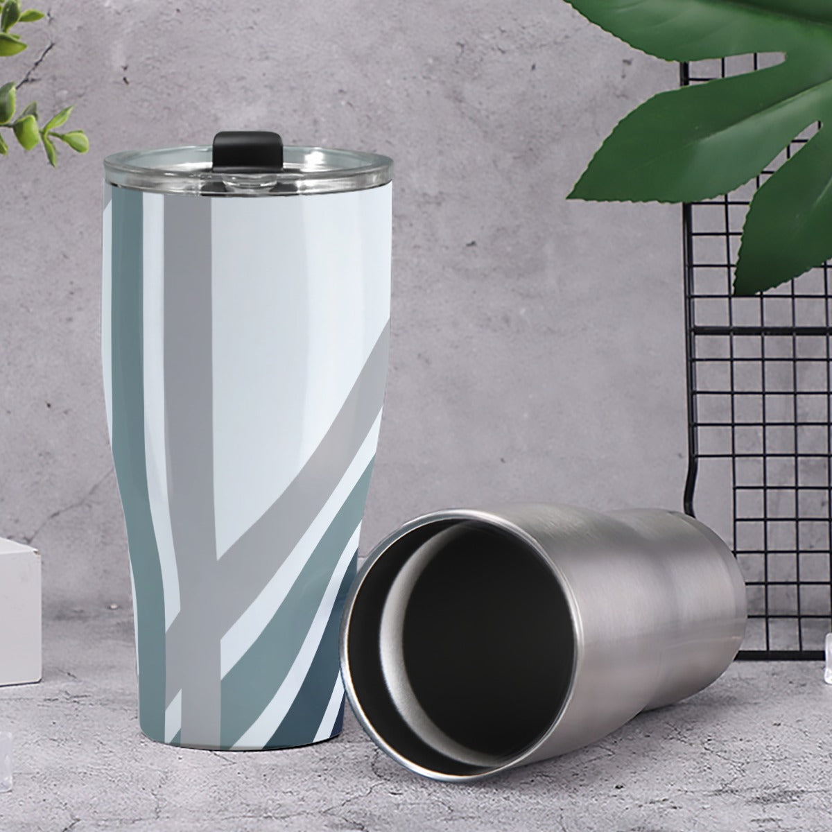 Cone Tumbler 30oz Blue Gray Tone Geometric Line Print (Designed by Dunbi)