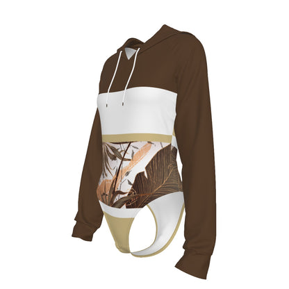 All-Over Print Women's Raglan Sleeve Hooded Bodysuit Dark Brown (Chest, Upper Back, Hood and Sleeves), Beige, White, Copper Gradient Leaves, Tropical, Rustic (Designed by Dunbi)