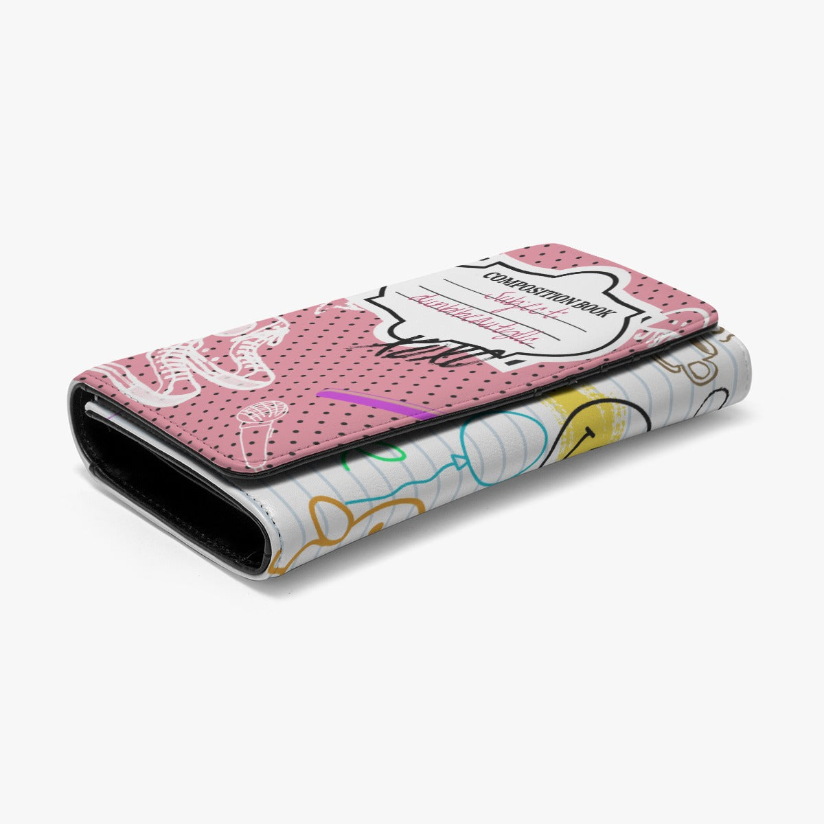 Foldable Wallet Back to School, Composition Notebook Style, Doodles, Scribbles, Writing, Girl, Pink (Designed by Dunbi)