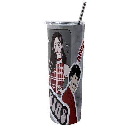 Glitter Tumbler With Stainless Steel Straw 20oz Kpop Inspired, Itzy, BTS, BLACKPINK, Annyeong, Bias, I Love Kpop, Marble, Black and Red, Idol Ryujin, Jin (Designed by Dunbi)