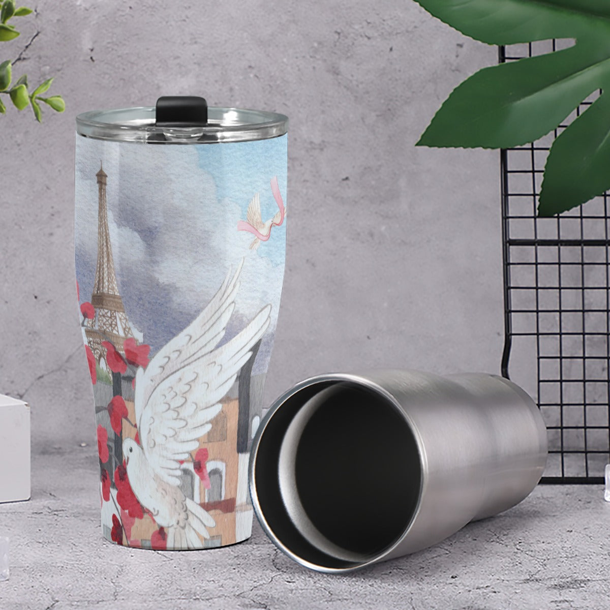 Cone Tumbler 30oz Love Up in a Hot Air Balloon, Paris, Eiffel Tower, Dove, Flowers, Girl, Sky, Hearts (Designed by Dunbi)