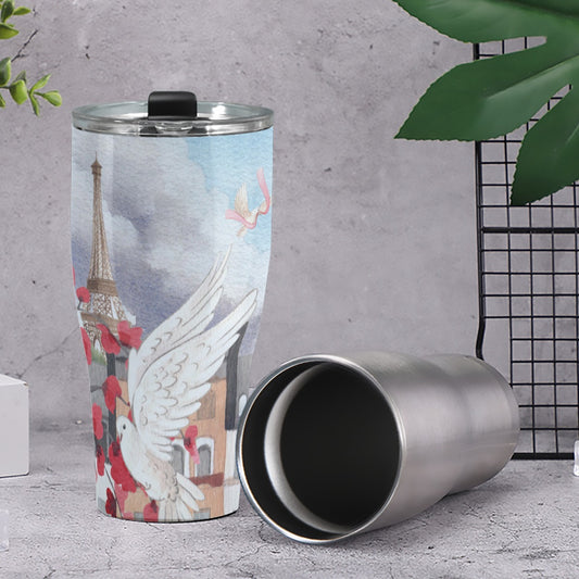 Cone Tumbler 30oz Love Up in a Hot Air Balloon, Paris, Eiffel Tower, Dove, Flowers, Girl, Sky, Hearts (Designed by Dunbi)