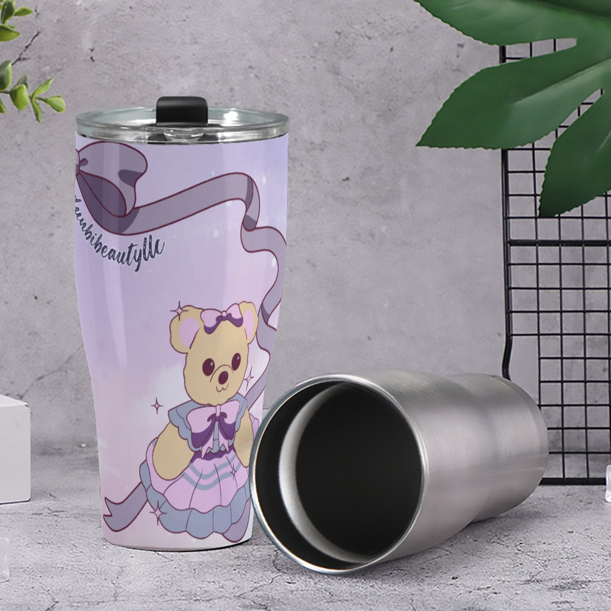 Cone Tumbler 30oz Cute Teddy Bear, Tea Party, Ribbon, Bows, Cakes, Cute, Victorian, Doll, Cute Girl, Purple Style 2, Pastel Galaxy (Designed by Dunbi)