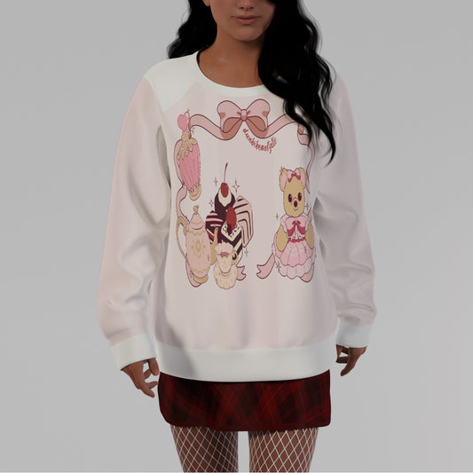 All-Over Print Women's Round Neck Raglan Sleeve Sweatshirt Cute Teddy Bear, Tea Party, Ribbon, Bows, Cakes, Cute, Victorian, Doll, Cute Girl, Pink Style 1, Stripes (Designed by Dunbi)