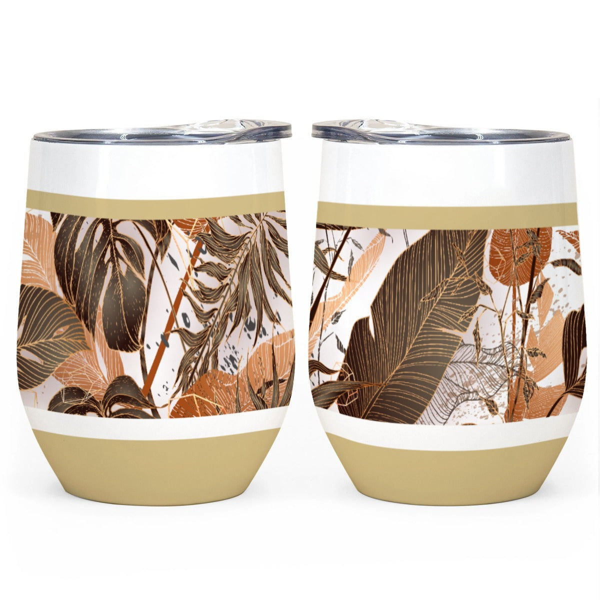 All-Over Print Egg Cup Wine Tumbler|12OZ Dark Brown, Beige, White, Copper Gradient Leaves, Tropical, Rustic (Designed by Dunbi)