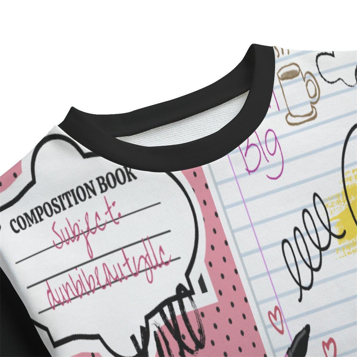 All-Over Print Kid's Round Neck Sweatshirt | 310GSM Cotton Back to School, Composition Notebook Style, Doodles, Scribbles, Writing, Girl, Pink (Designed by Dunbi)