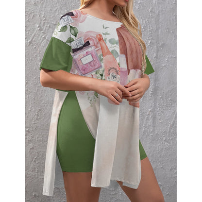 All-Over Print Women's Drop-Shoulder T-Shirt with Side Split and Shorts (Plus Size)  Dusty Rose, Pink, Perfume, High Heels Champagne & Roses, Aesthetic, Feminine, Fashion Green (Designed by Dunbi)