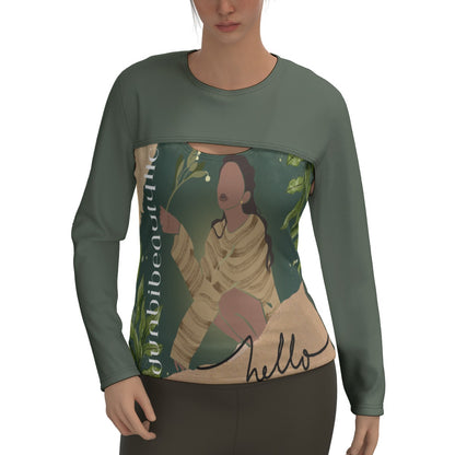 All-Over Print Women's Two-piece Sport Sweatshirt Black Woman with Flowers, Green, Grace, Beauty (Designed by Dunbi)