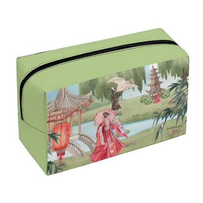 PU Cosmetic Bag Asian Garden, Beauty, Peace, Serenity, Home, Happiness, Crane, River, Historic, Chinese Dynasty, Hanfu, Mossy Green (Designed by Dunbi)