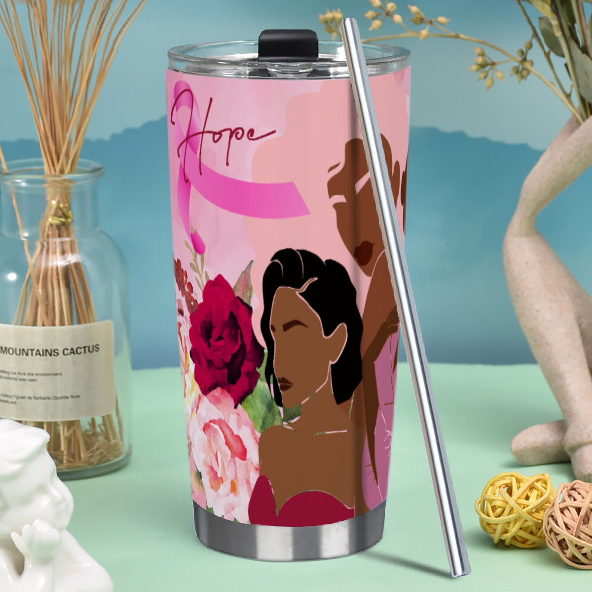 Tumbler 20oz (with Straw) Unity, Hope, Pink, Hot Pink, Burgundy, Roses, Breast Cancer Awareness, Women, Black, Hispanic, White, Hair, Smooth (Designed by Dunbi)