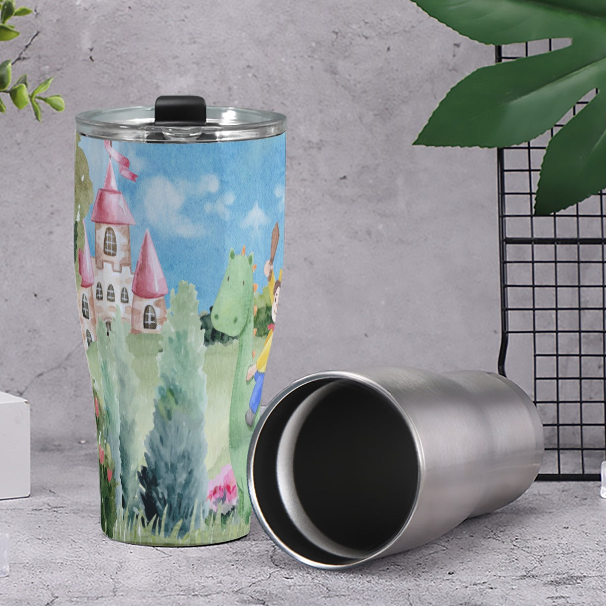 Cone Tumbler 30oz Boy, Watercolor, Castle, Dragon, Garden, Prince, Crown, Cape, Wooden Sword, Clouds (Designed by Dunbi)