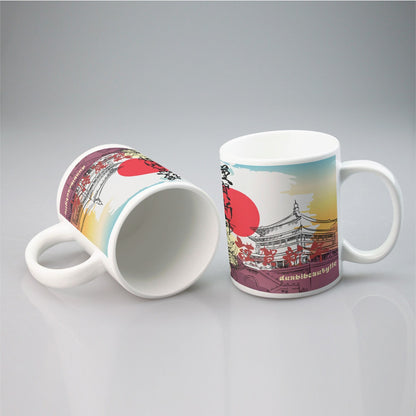 All-over print mug Japan, Japanese, Yellow, Blue, Purple, Orange, Day, Early Morning, Sunrise, Japan Flag, Sunrise Rainbow, Crane, Architecture, Pretty Girl, Tiger, Kanji (Designed by Dunbi)