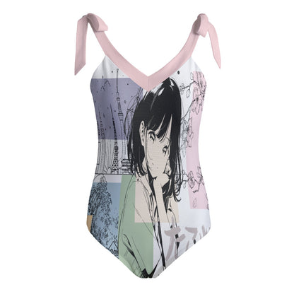 All-Over Print Women's Tie Shoulder Onepiece Padded Swimsuit Japanese, Japan, Girl, Kawaii, Cute, Anime, Manga Style, Peace, Sushi, Tokyo, Cherry Blossoms (Designed by Dunbi)