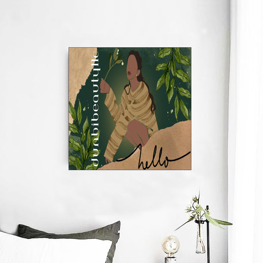 Framed Single Piece Mural | Square Black Woman with Flowers, Green, Grace, Beauty (Designed by Dunbi)