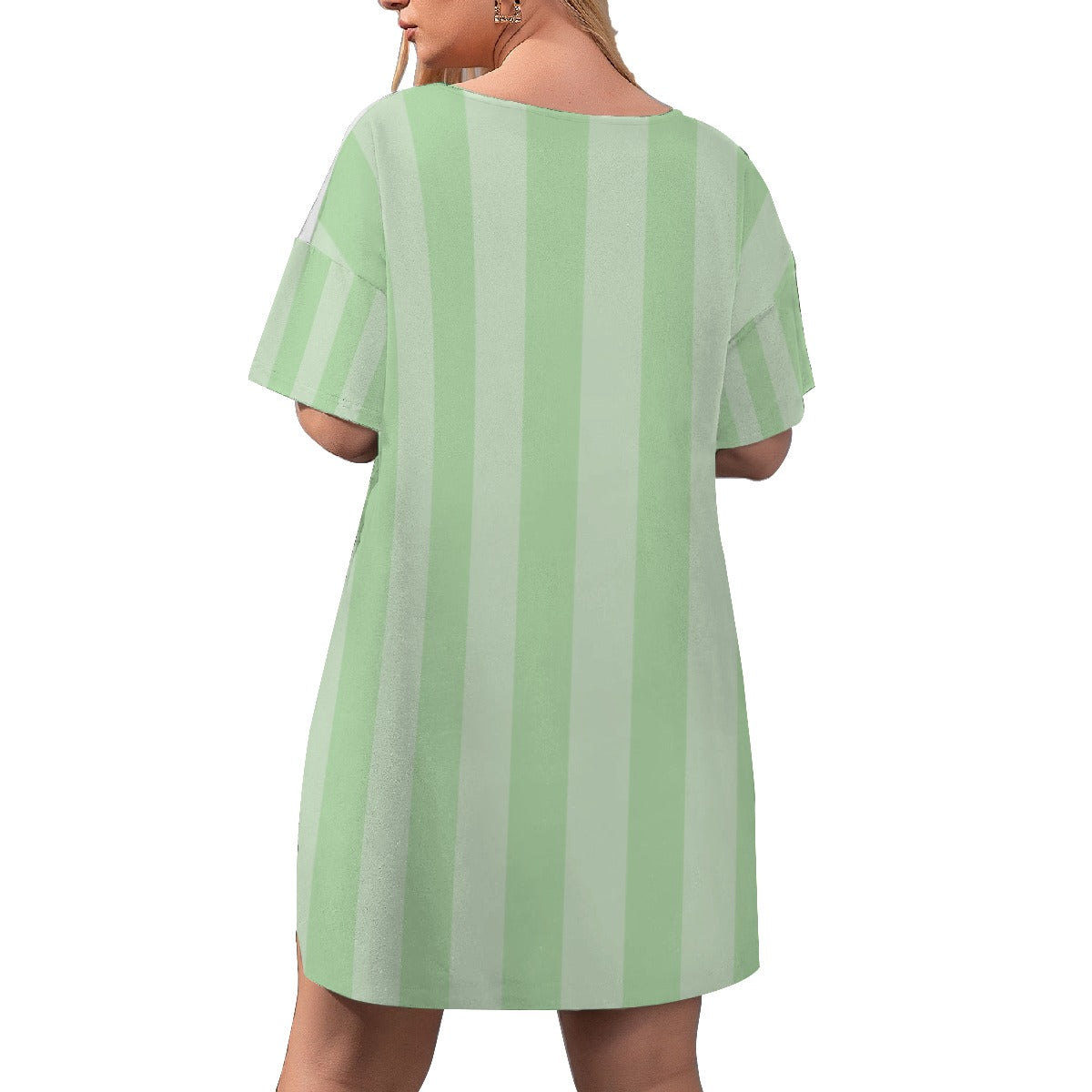 All-Over Print Women's Drop-Shoulder T-Shirt with Side Split and Shorts (Plus Size) Cute Teddy Bear, Tea Party, Ribbon, Bows, Cakes, Cute, Victorian, Doll, Cute Girl, Green Style 1, Stripes (Designed by Dunbi)