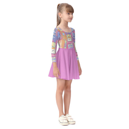 All-Over Print Kid's Long Sleeve Dress Kawaii, Retro, Anime, 90's Themed, Sherbet Colors, Pastel (Designed by Dunbi)