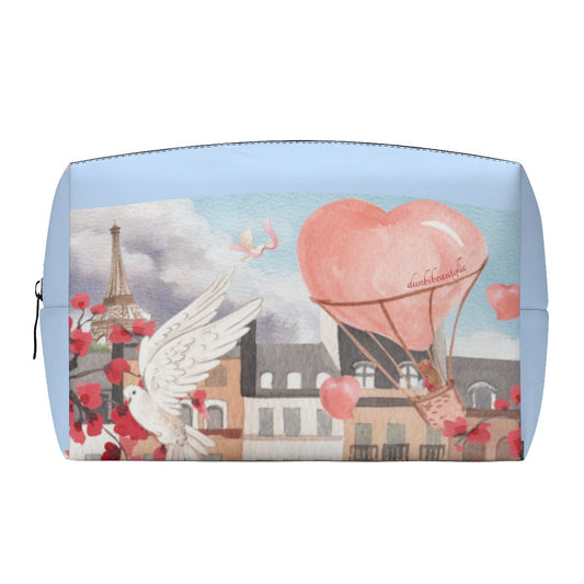 PU Cosmetic Bag Love Up in a Hot Air Balloon, Paris, Eiffel Tower, Dove, Flowers, Girl, Sky, Hearts, Baby Blue (Designed by Dunbi)