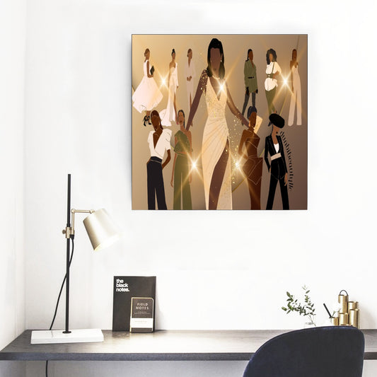 Framed Single Piece Mural | Square  Black Women in Fashion, Style, Trendsetter, Beauty, Edge, Grace, Elegance, Confidence, Glowing, (Designed by Dunbi)