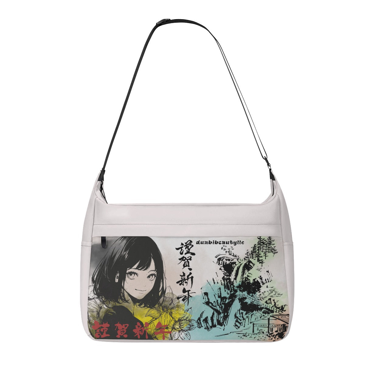 Messenger Bag Japan, Japanese, Red, Blue, Green, Yellow, Architecture, Pretty Girl, Tiger, Kanji, Nature, Mountain, Watercolor (Designed by Dunbi)