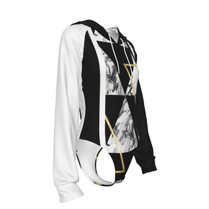 All-Over Print Women's Raglan Sleeve Hooded Bodysuit Black (Left Sleeve and Hood), Gold, White, Marble, Geometric, 90s Inspired, Retro (Designed by Dunbi)