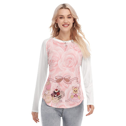 All-Over Print Women's Raglan Sleeves U-Shaped Hem Long Sleeves Blouse Cute Teddy Bear, Tea Party, Ribbon, Bows, Cakes, Cute, Victorian, Doll, Cute Girl, Pink Style 2, Rose (Designed by Dunbi)