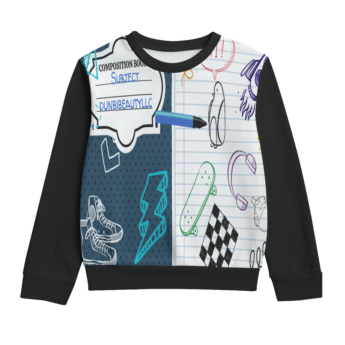 All-Over Print Kid's Round Neck Sweatshirt | 310GSM Cotton Back to School, Composition Notebook Style, Doodles, Scribbles, Writing, Boy, Blue (Designed by Dunbi)