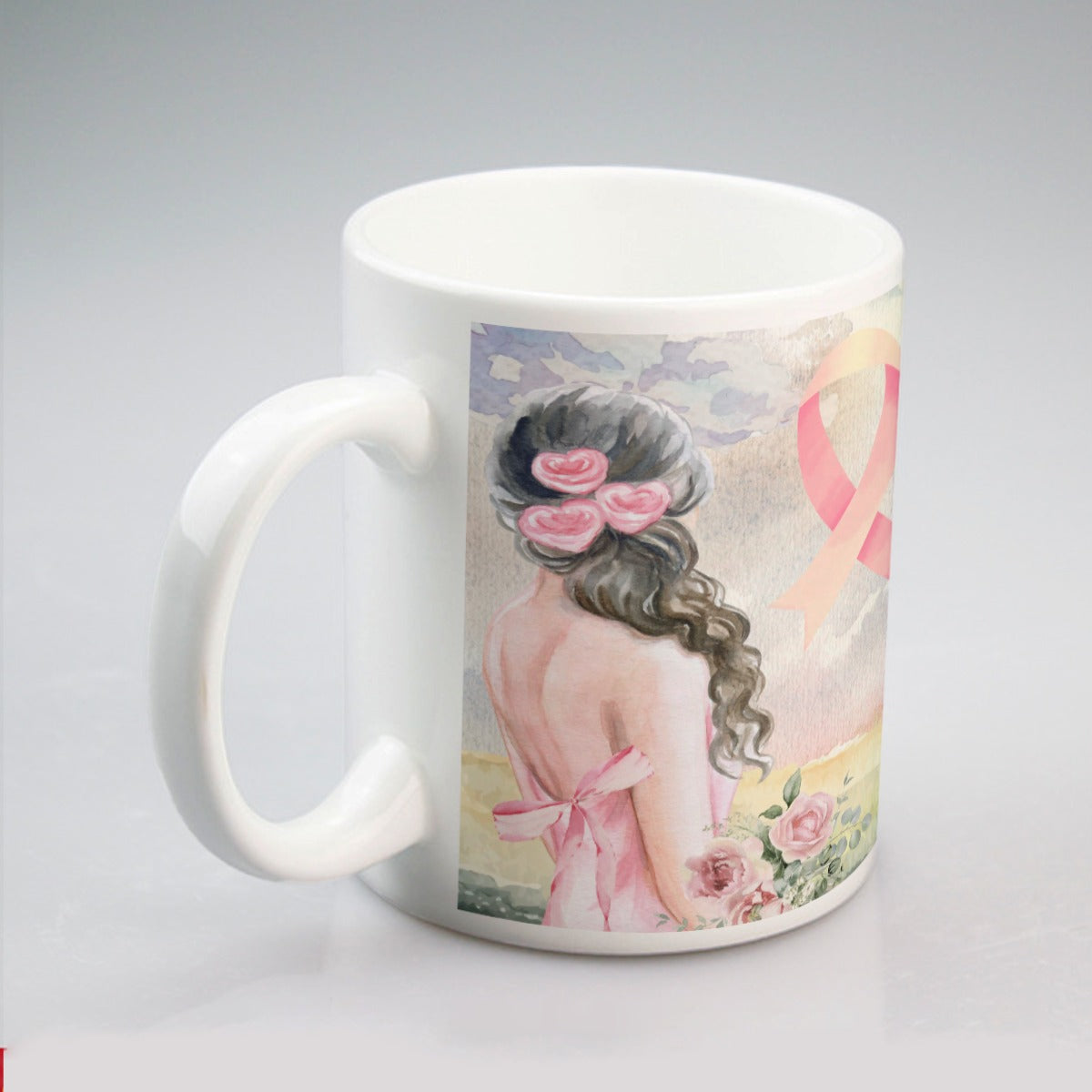 All-over print mug Pastel Pink, Breast Cancer Awareness, Open Field, Day, Birds, Flowers, Bows and Ribbons, Watercolor Sunlight (Designed by Dunbi)