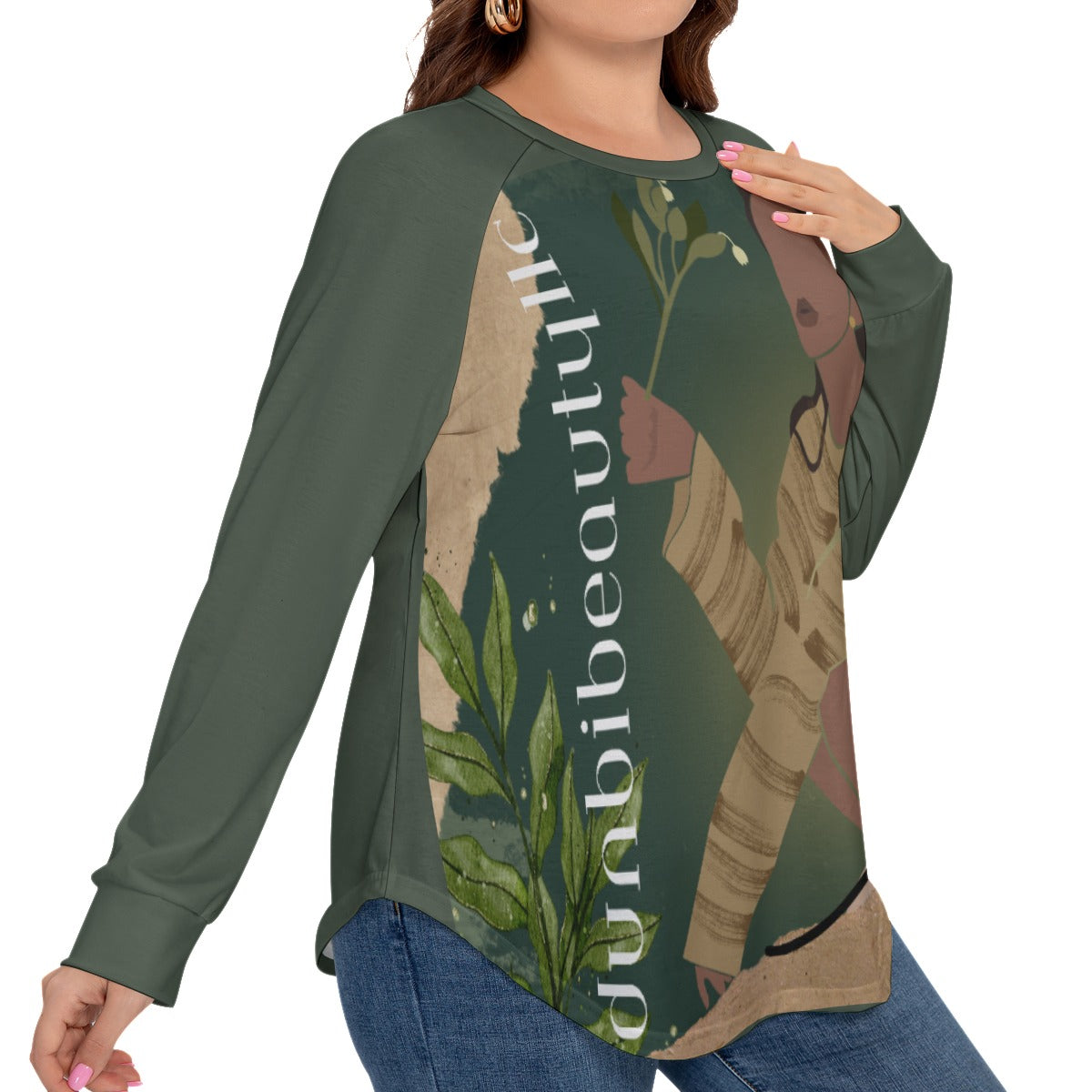 All-Over Print Women’s O-neck T-shirt With Raglan Sleeve(Plus Size) Black Woman with Flowers, Green, Grace, Beauty (Designed by Dunbi)